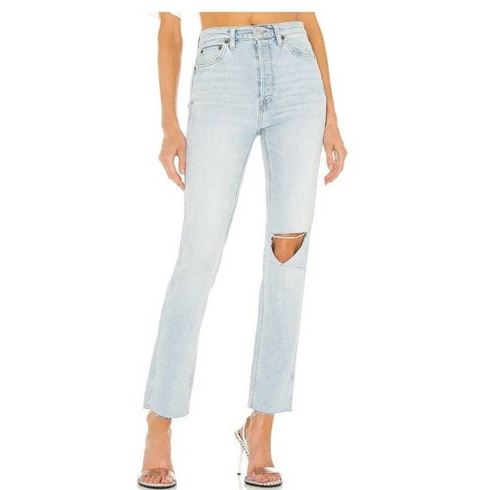 RE/DONE 80's Slim Straight Ripped Knee Jeans in Icy Blue Size 26 NWT
